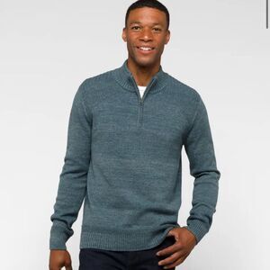 RYE BY HAWKER RYE
Aspen Cotton Speckle Yarn 1/4 Zip Mock Neck Sweater Blue L Nwt